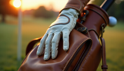 Golf glove resting on bag at sunset for blogs and lifestyle content