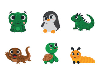 Cold-Blooded Creatures — Frog, Penguin, Iguana, Newt, Turtle, and Inchworm