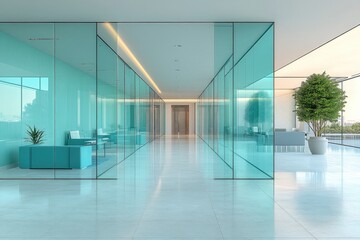 Modern Office Hallway Design with Glass Walls and Teal Accents