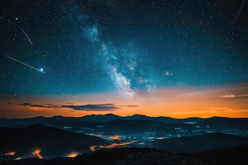 Naklejka premium Mesmerizing Night Sky Over Mountains with Stars and Galaxy View