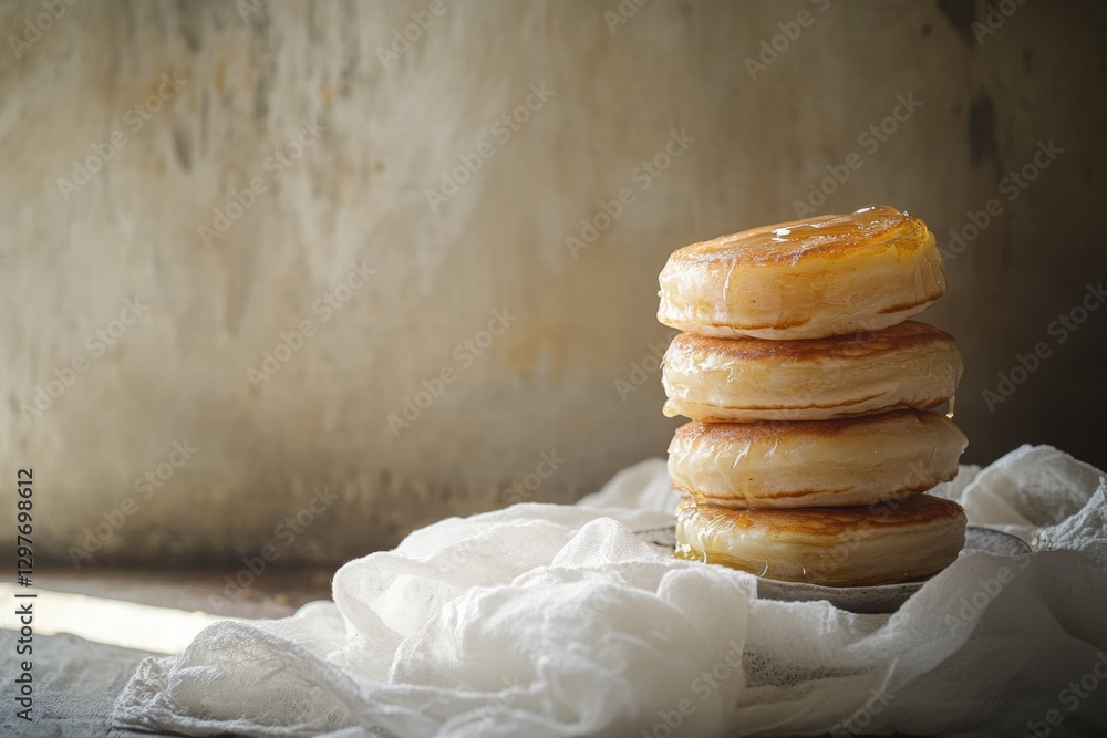 Poster stack of fluffy pancakes drizzled with syrup on a textured surface with soft natural light. generati