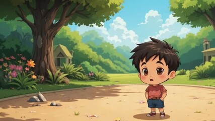 2d animation cartoon kid walking and talking Playful Kid Surrounded by Nature cartoon background