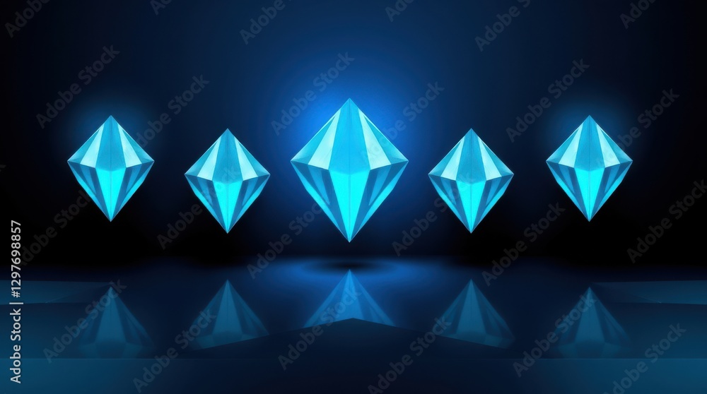 Aufkleber five glowing blue diamond shapes aligned in a row with their reflection showing on a dark surface.