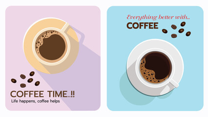 A modern and minimalist coffee-themed poster featuring two artistic top-view coffee cup illustrations with a soft pastel background. The typography highlights the joy of coffee.