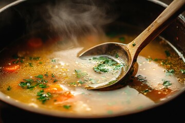 A pot of soup with a wooden ladle in it