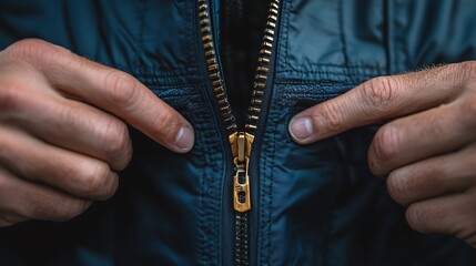 A person zipping up a jacket with both of their hands