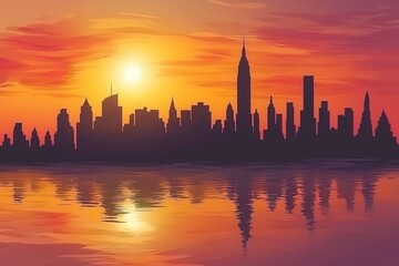 Sunset Over City Skyline with Reflections on Water Surface