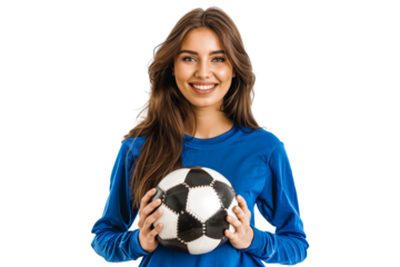 Young woman holding soccer ball isolated on transparent background