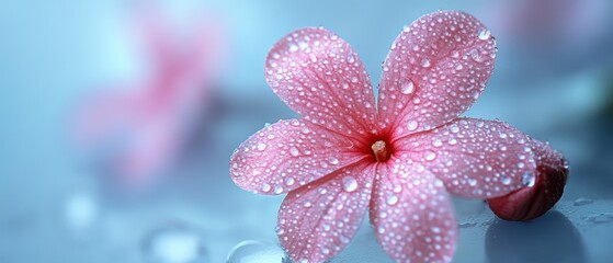 Fototapeta premium Dew kissed pink flower blossom in soft focus on light blue background with delicate petals and water droplets for spring freshness and floral beauty