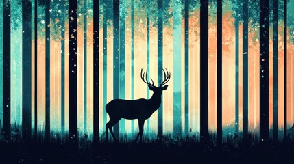 A lone deer stands in a forest, its silhouette contrasting against the vibrant colors of the trees and sky.