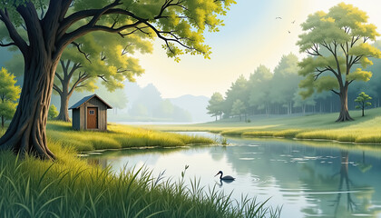 Bird sanctuary landscape illustration for environmental protection blogs and nature conservation materials