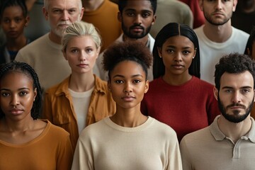 Obraz premium A group of people are standing together, some wearing red and some wearing brown