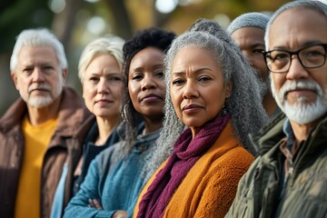 Obraz premium A group of people, including a woman with a purple scarf, are standing together