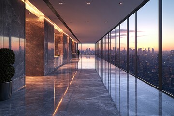 Stunning Cityscape Views from Modern Office Corridor