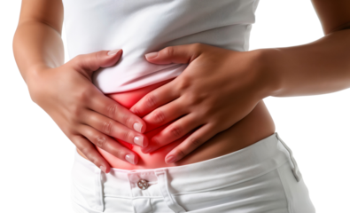 A woman suffering from painful stomach and holding her belly, isolated on transparent background