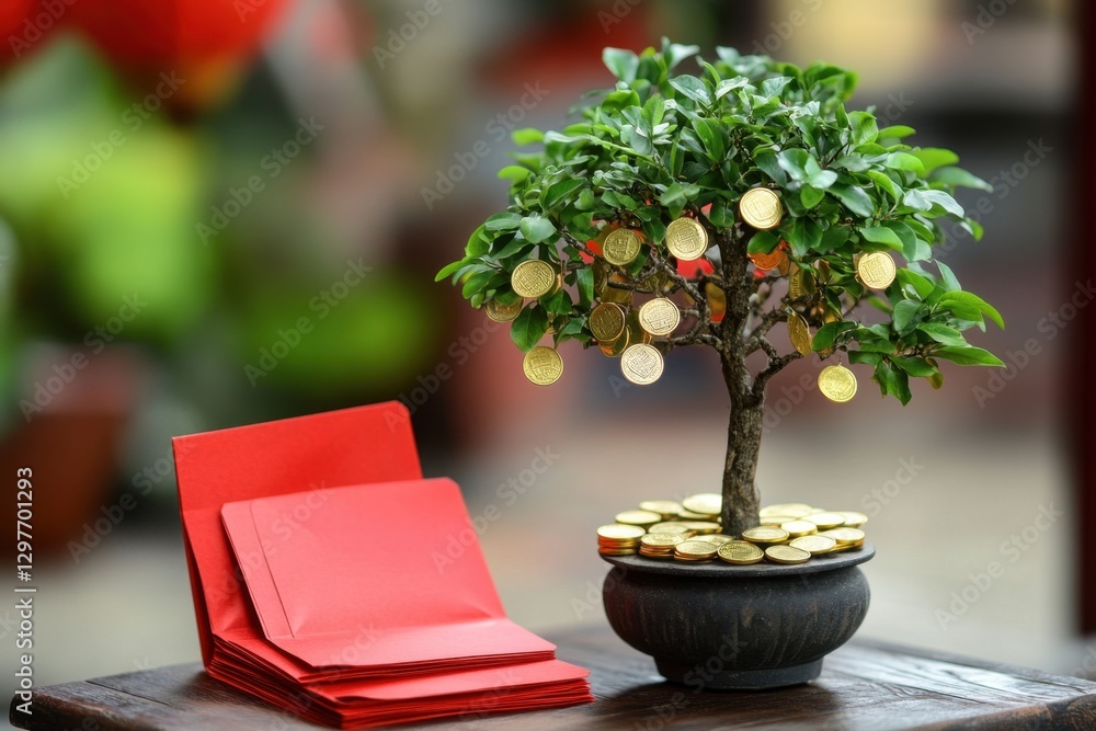 Poster a small tree with gold coins on it sits on a table next to a red envelope