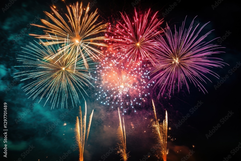 Poster a fireworks display with four different colored fireworks