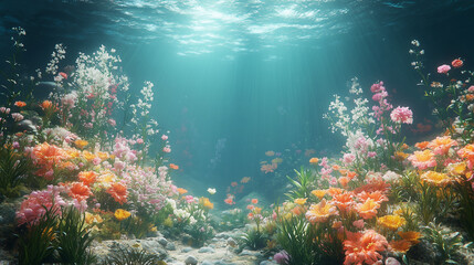 Naklejka premium ethereal underwater landscape with diverse colorful plant life and rays of light filtering from the surface, ideal for blogs or websites about marine ecosystems, nature, or environmental awareness.