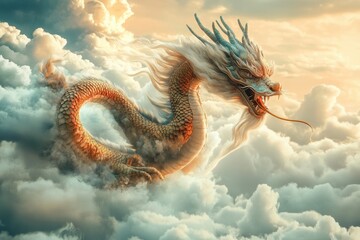 Fototapeta premium A dragon is flying through the sky, surrounded by clouds