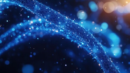 Glowing strand of DNA structure with particles, swirling in a dark background creating depth with bokeh