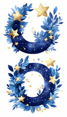 Celestial wreaths, blue leaves, gold stars