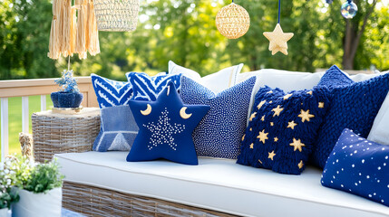Celestial-themed pillows on patio couch