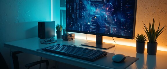 Modern Gaming Setup with Blue and Orange Lighting