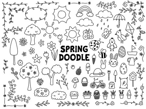Spring Hand drawn doodle Set, Springtime doodle elements, cute spring doodles for decoration, doodle for kid ,vector hand drawn illustration, doodle clipart set
