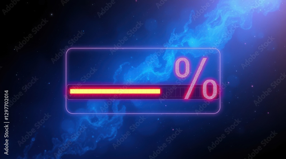 Poster glowing percentage progress bar against a nebular backdrop, showcasing digital advancement and data 