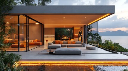 Fototapeta premium Modern concrete home with ocean view patio