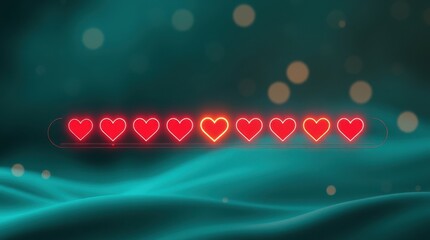 Hearts: row of neon hearts, center one glows brighter against a turquoise background.  Love progress bar.