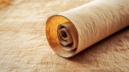 Rolled parchment rests on wrinkled fabric surface, illuminated by warm light