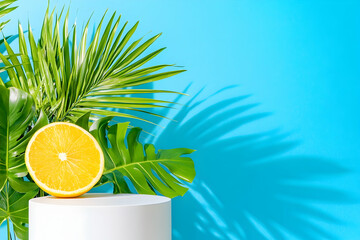 Citrus fruit, tropical leaves, blue background