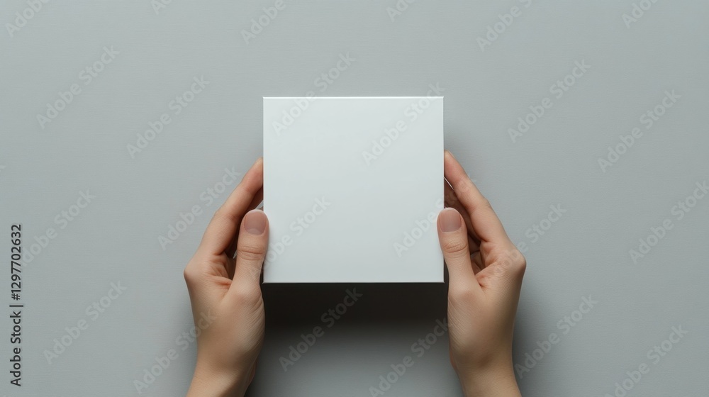 Poster hands holding small square object above plain gray backdrop, showcasing presentation and minimalism