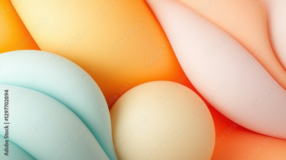 Poster a vibrant abstract image featuring smooth, flowing shapes in pastel colors, creating a harmonious an