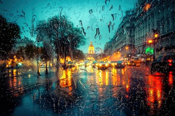 Obraz premium Rainy Night Cityscape with Rain on Window and Blurred Lights