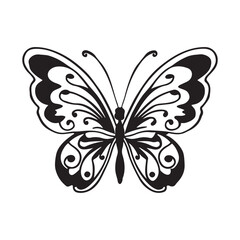 vector illustration of butterfly on white background. There are two versions, black shape and black and white .Hand drawn decorative graphic vector logo, icon, sign, symbol, illustration, tattoo.