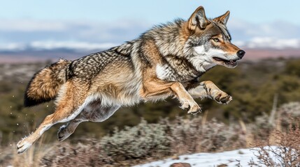 Obraz premium A coyote in mid-air, with its mouth open and tongue out, against a backdrop of snow-covered ground and distant mountains.
