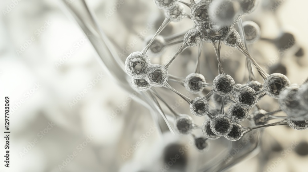 Poster abstract connected molecule structure with reflective spheres against an ethereal, blurred backgroun