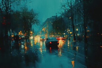 Fototapeta premium Urban Night Scene with Rain and Reflections on City Streets