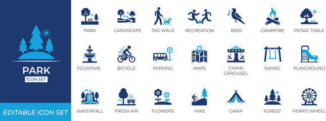 Obraz premium Park icon set featuring trees, community, find, group, handling, inspection, performance, profile, review, running, and outdoor recreation symbols for maps, apps, and urban design.