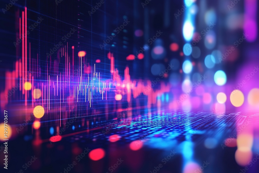 Poster abstract digital data waveform with neon glow and bokeh