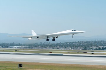 White Supersonic Jet Airplane Landing Runway Airport Flight Modern Aviation Transportation Technology Travel Journey Aircraft Airliner Speed Fast sky 