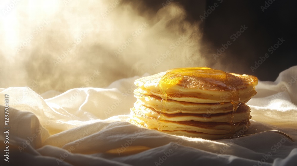 Poster delicious stack of fluffy pancakes drizzled with syrup in warm morning light. generative ai