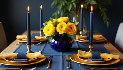 Dining Table with Yellow Flowers and Navy Blue Tableware for Interior Design Blogs and Holiday Entertaining