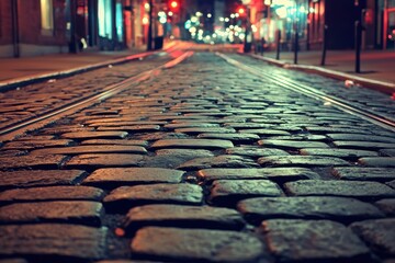 Cobblestone Street at Night Illuminated by City Lights and Neon Signs