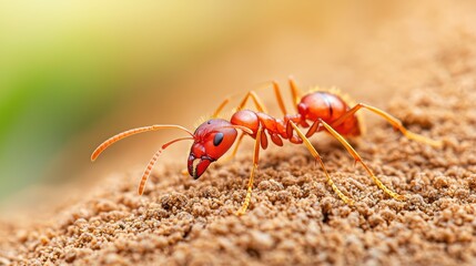 A close-up view of a red ant crawling on sandy terrain, showcasing its detailed body and vibrant colors.