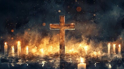 Fototapeta premium Illuminated Wooden Cross with Burning Candles at Night