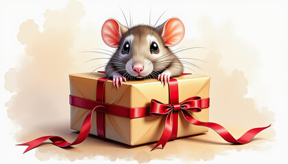 Cute rat peeking from red gift box for holiday cards, party invitations, and festive social media posts