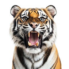 Fototapeta premium Close-up of a roaring tiger isolated on white.